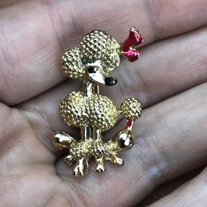 Vintage French Poodle Dog Pin Brooch unsigned gold tone red bow 1950's estate